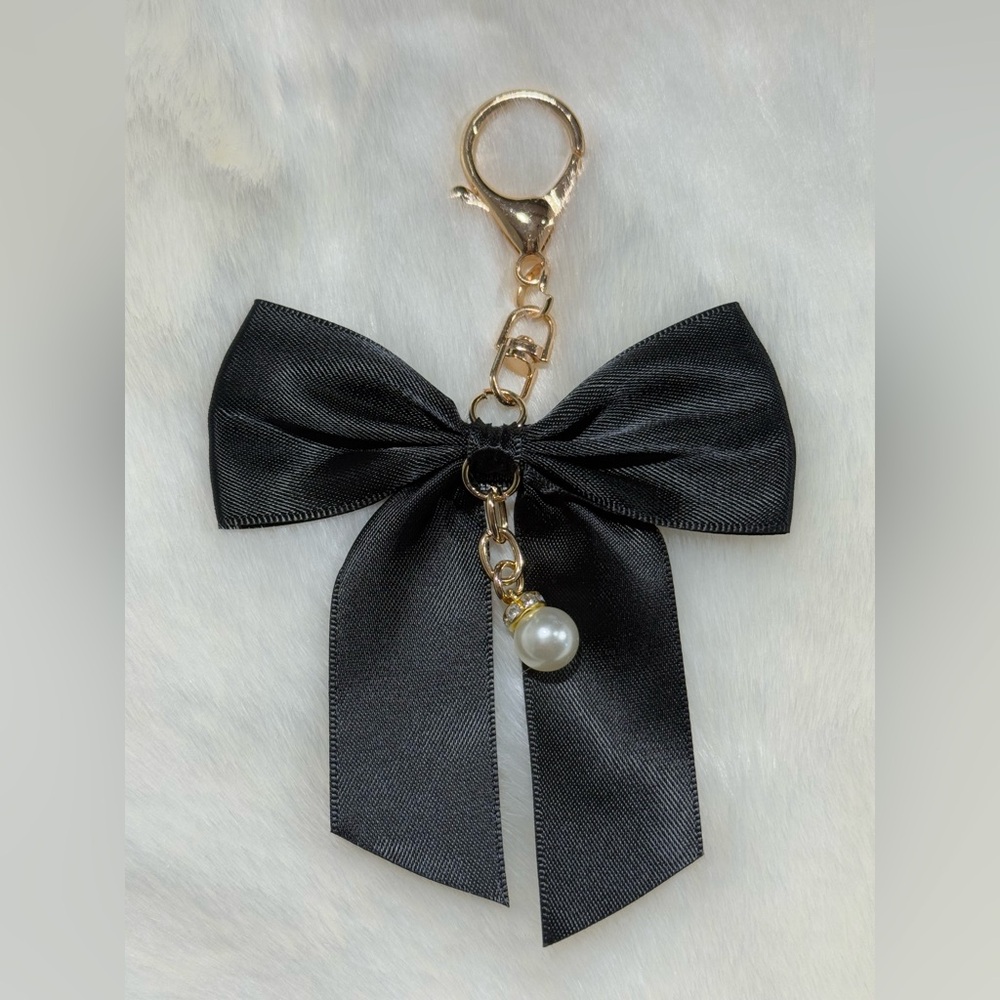Elegant Black Bow Keychain with Pearl Accent- Bag Charm
